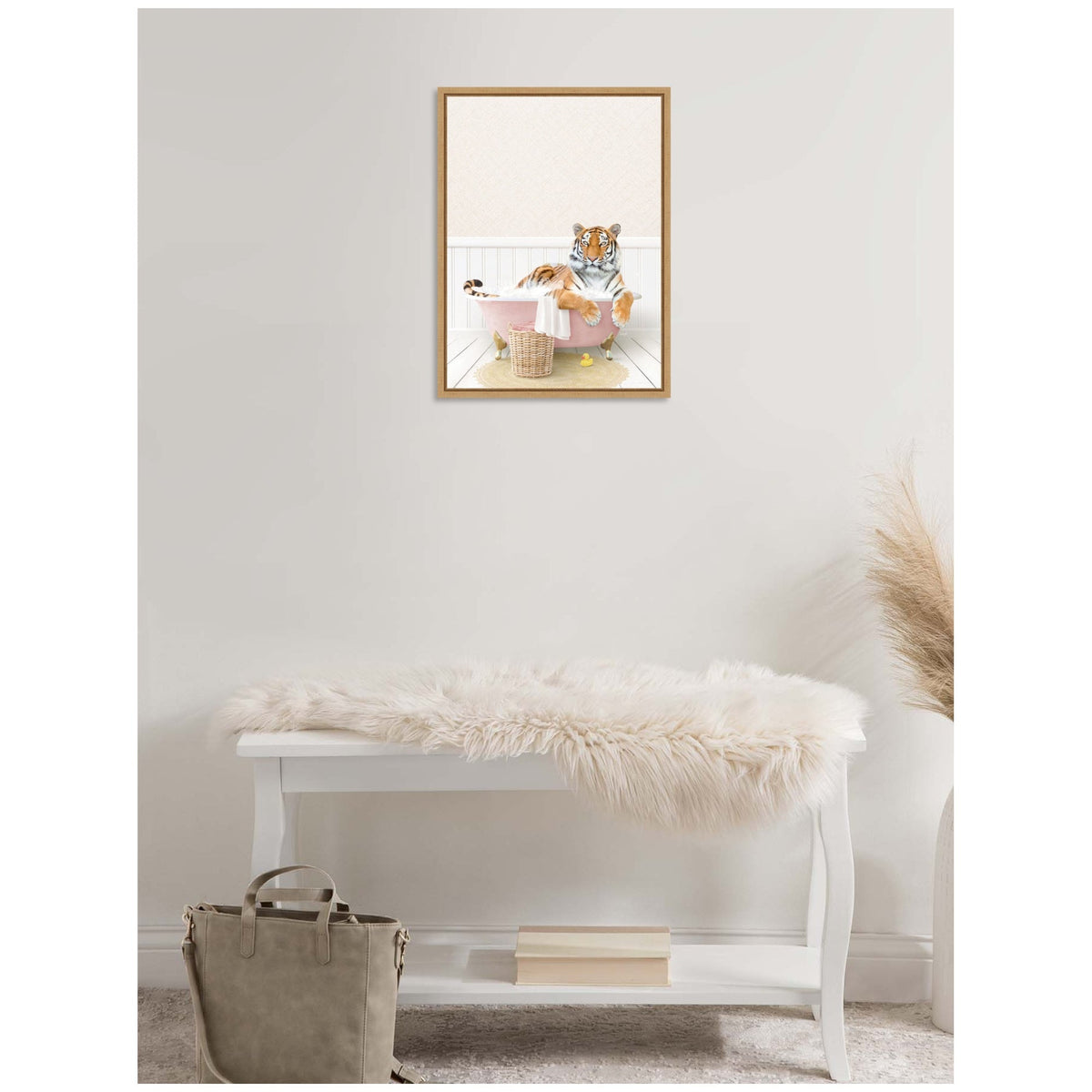 Sylvie Tiger in Cottage Pink Bath Framed Canvas by Amy Peterson