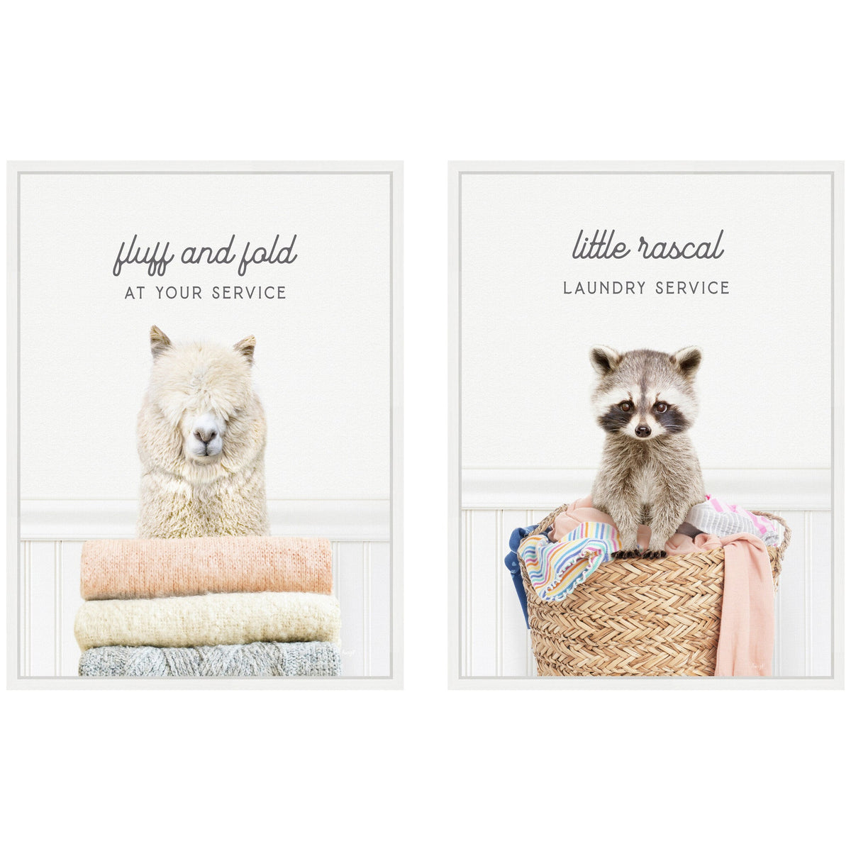 Sylvie Alpaca Fluff Fold and Racoon Little Rascal Laundry Framed Canvas Art Set by Amy Peterson