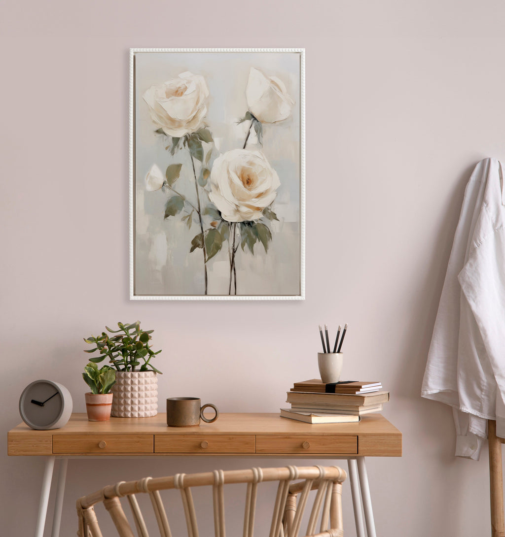 Sylvie Beaded Soft White Roses Framed Canvas by The Creative Bunch Studio