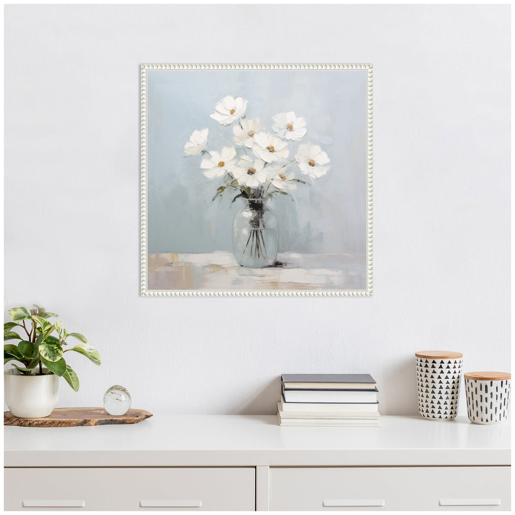 Sylvie White Daisies in a Jar on French Cottage Blue Framed Canvas by The Creative Bunch Studio