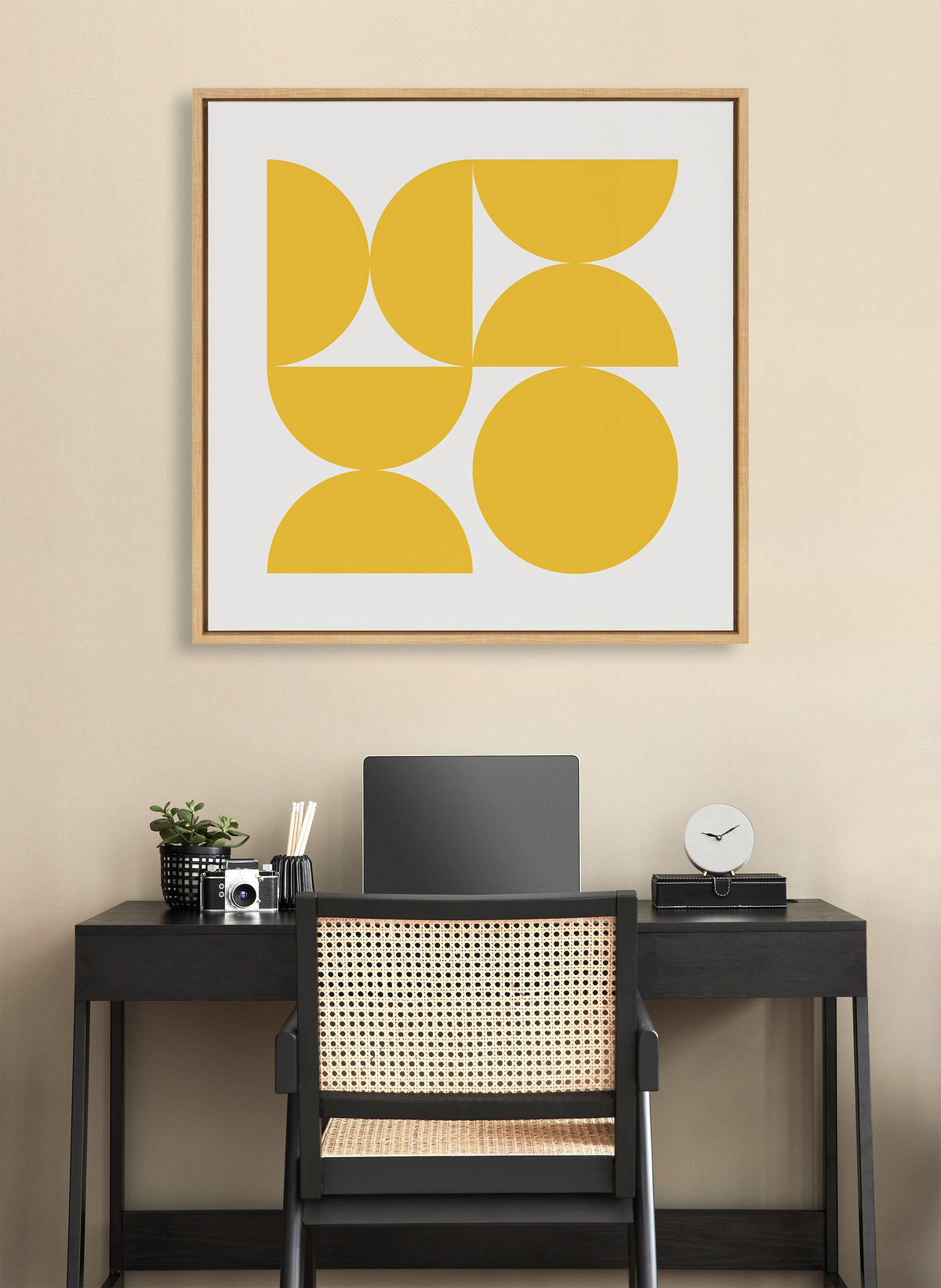Sylvie Bold Vintage Geometric Sunshine Yellow Framed Canvas by The Creative Bunch Studio