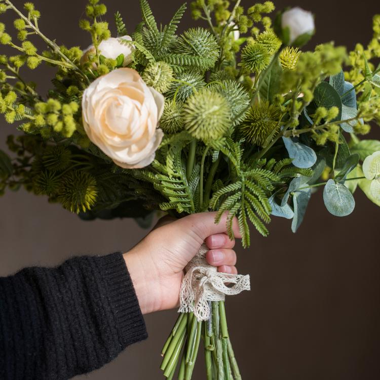 Artificial White Rose and Greenery Bouquet 13" Tall