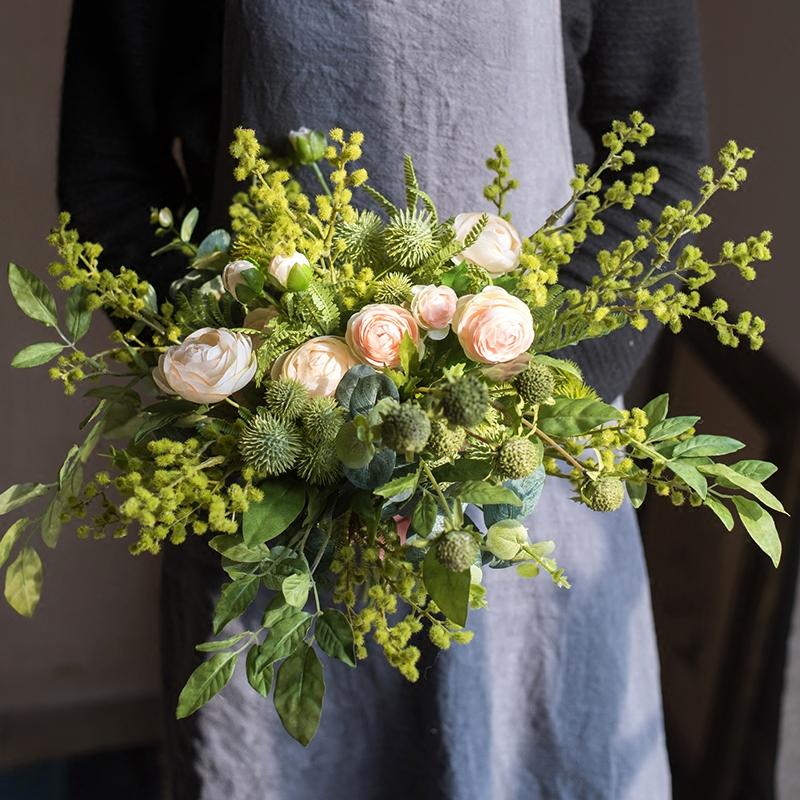 Artificial White Rose and Greenery Bouquet 13" Tall