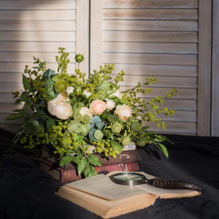 Artificial White Rose and Greenery Bouquet 13" Tall
