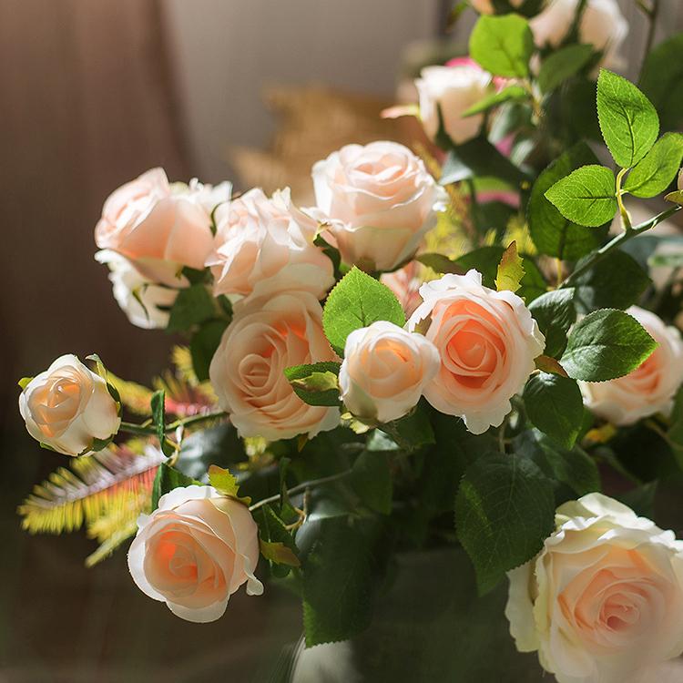 Artificial Silk 4-Bloom Champagne Rose Stem 31" Tall