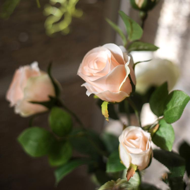 Artificial Silk 4-Bloom Champagne Rose Stem 31" Tall