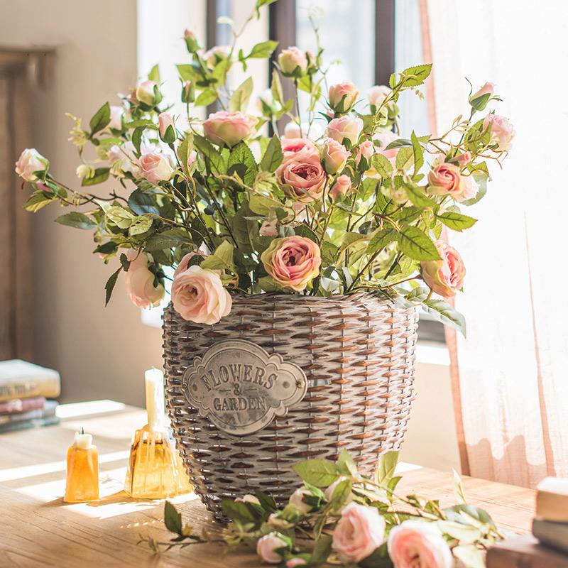 Artificial Silk Pink Rose Bloom and Bud Stem 39" Tall