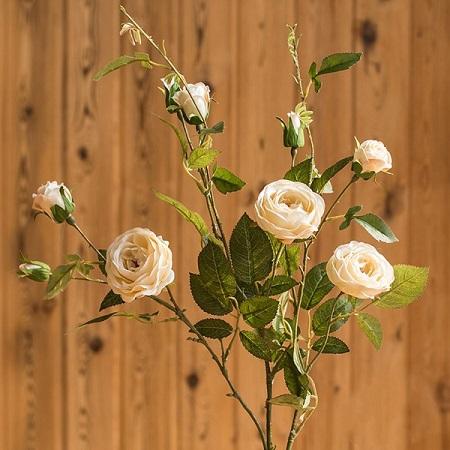 Artificial Silk White Rose Bloom and Bud Stem 39" Tall