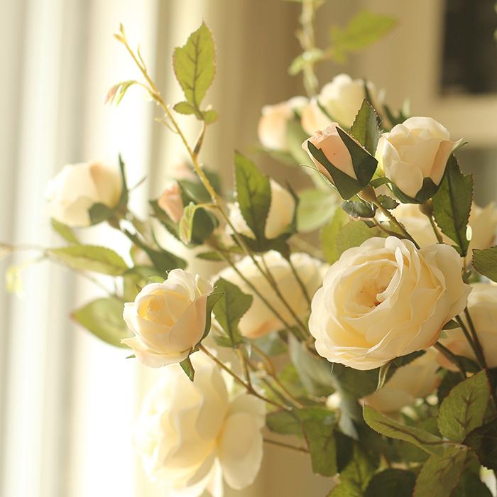 Artificial Silk White Rose Bloom and Bud Stem 39" Tall