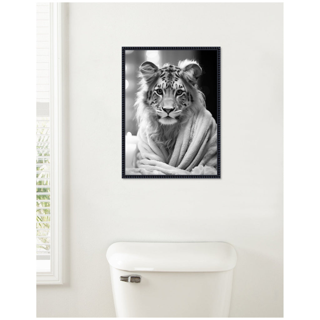Sylvie Tiger Glam Bathroom Towel Robe Black and White Framed Canvas by The Creative Bunch Studio