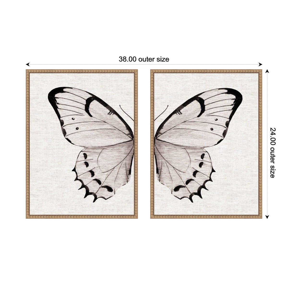 Sylvie Beaded Minimal Butterfly Watercolor Neutral Linen - 2 Piece Framed Canvas Art Set by The Creative Bunch Studio