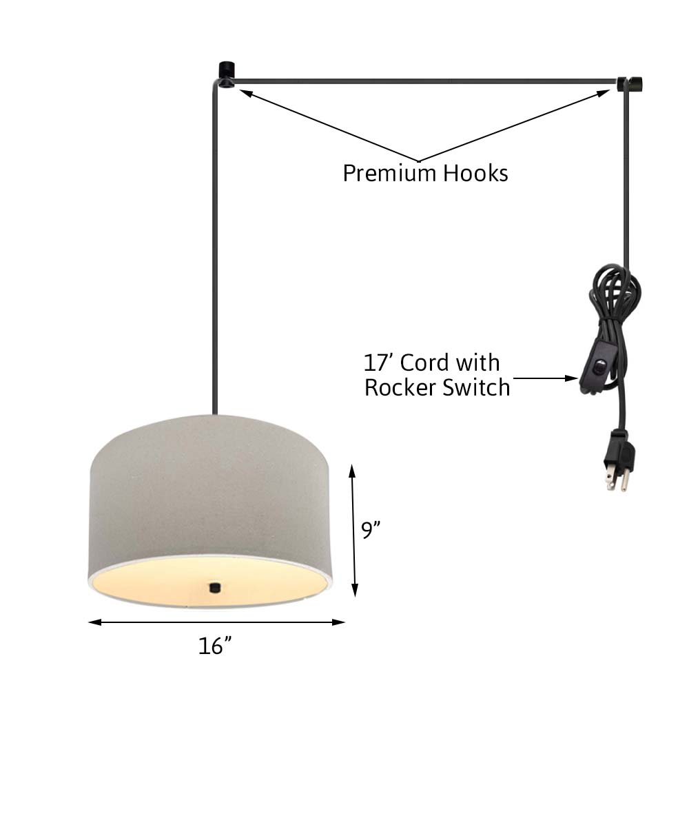 Home Concept 2-Light Plug-In Swag Pendant Light 16"w Light Oatmeal Linen Drum with Diffuser, Black Cord