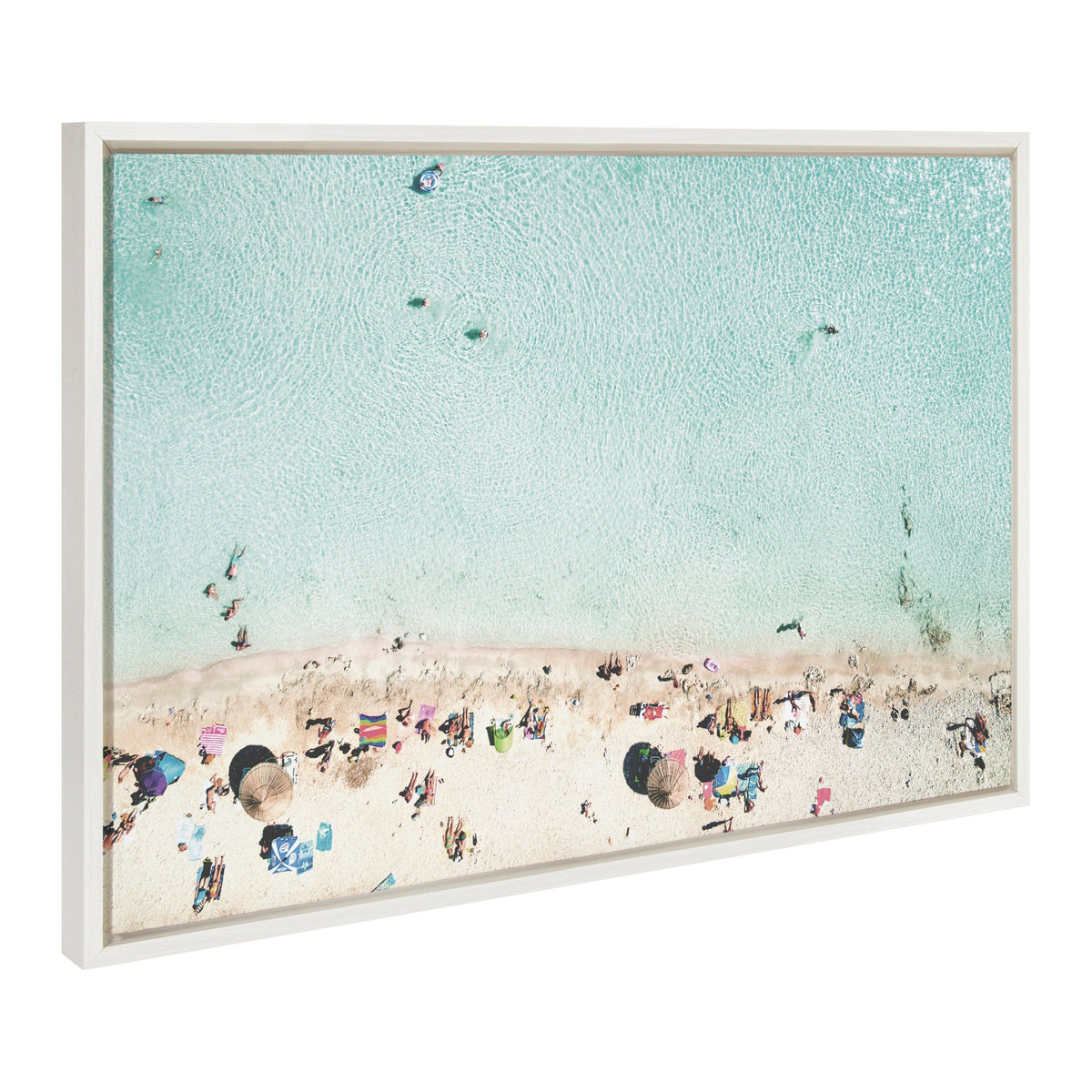 Sylvie Turquoise Beach from Above 2, Blue Beach Van and Woman Floating Framed Canvas Set of 3 by Amy Peterson Art Studio