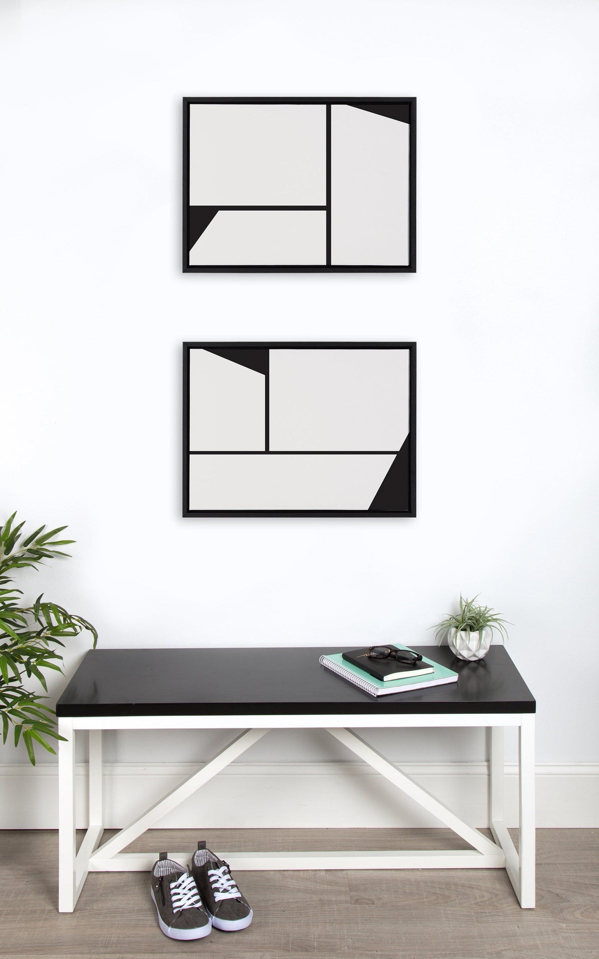 Sylvie Sleek Luxe Minimalist Black and White Abstract Framed Canvas Art Set of 2 by The Creative Bunch Studio