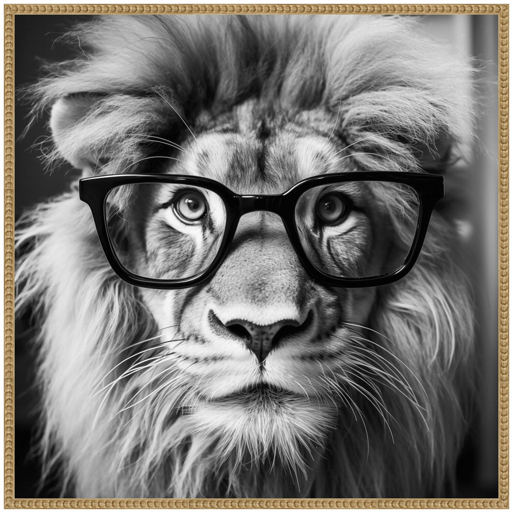 Sylvie Black and White Lion in Reading Glasses Framed Canvas by The Creative Bunch Studio