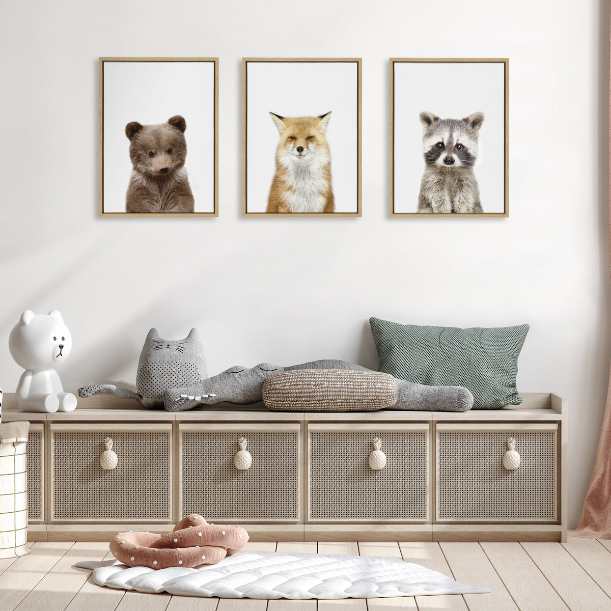Sylvie Studio Bear, Studio Fox and Studio Raccoon Framed Canvas Set of 3 by Amy Peterson Art Studio