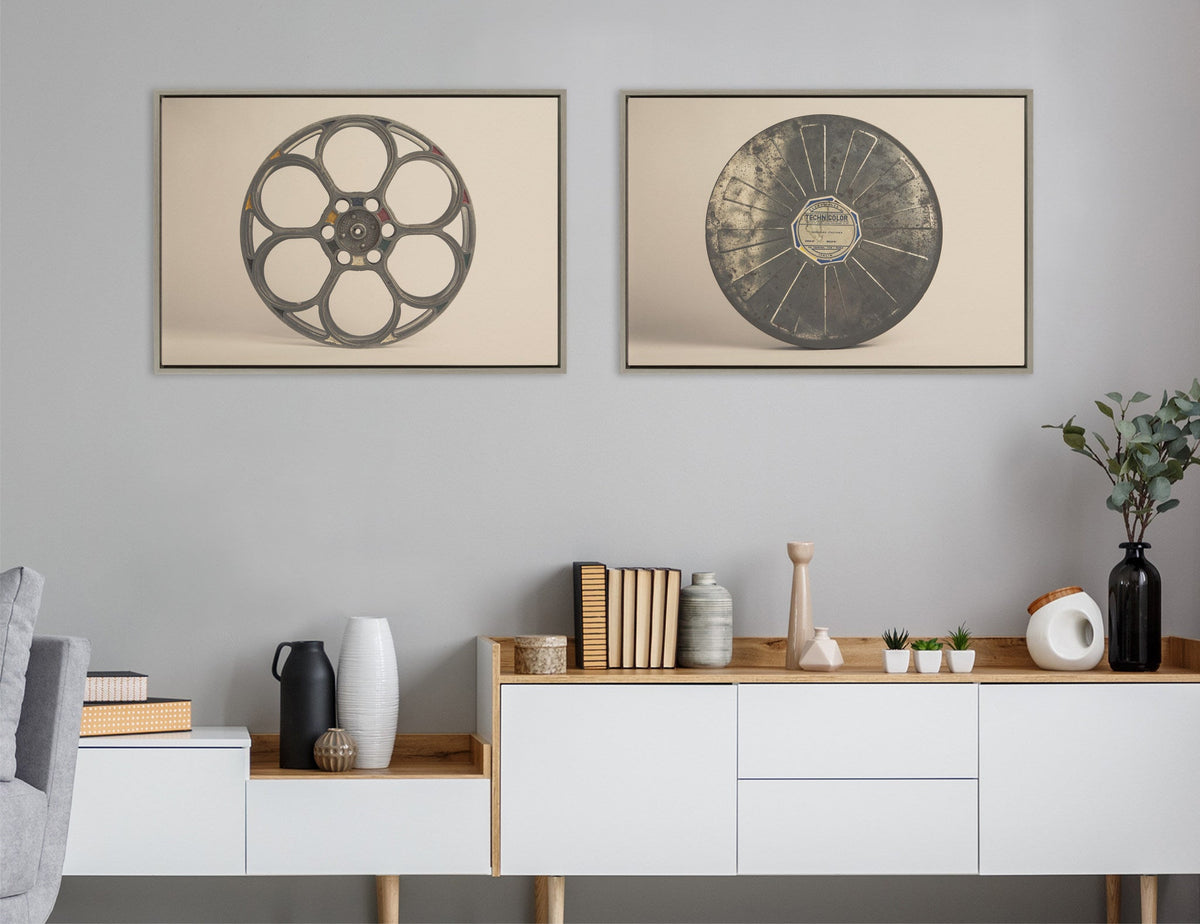 Sylvie Movie Tin and Movie Reel Sepia Framed Canvas Art Set of 2 by Saint and Sailor Studios