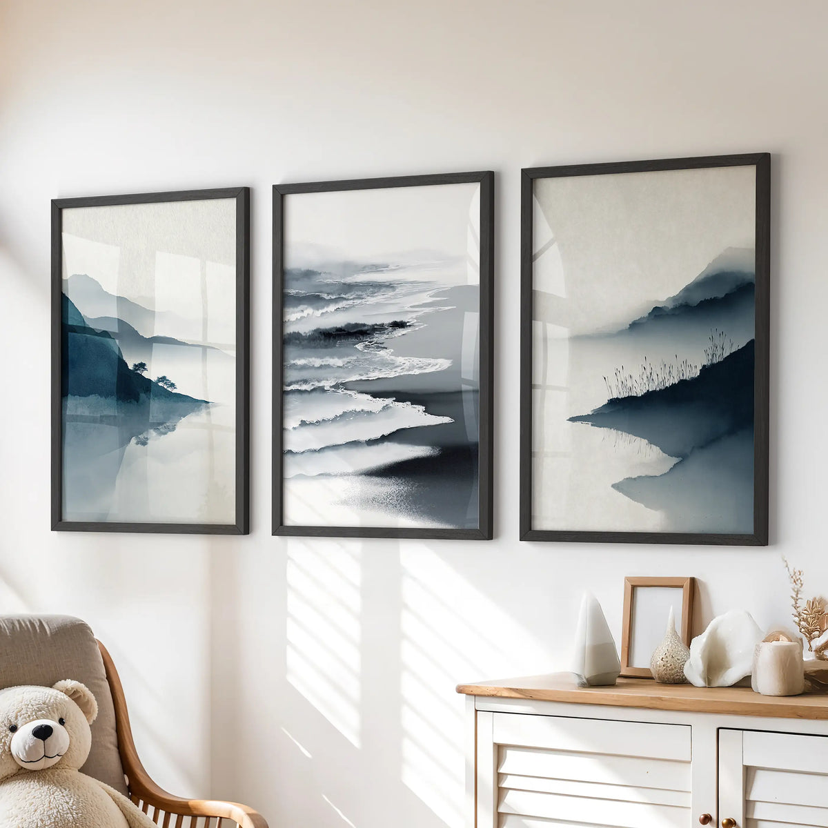 Minimalist Mountain Lake Set of 3. Modern Landscape Prints