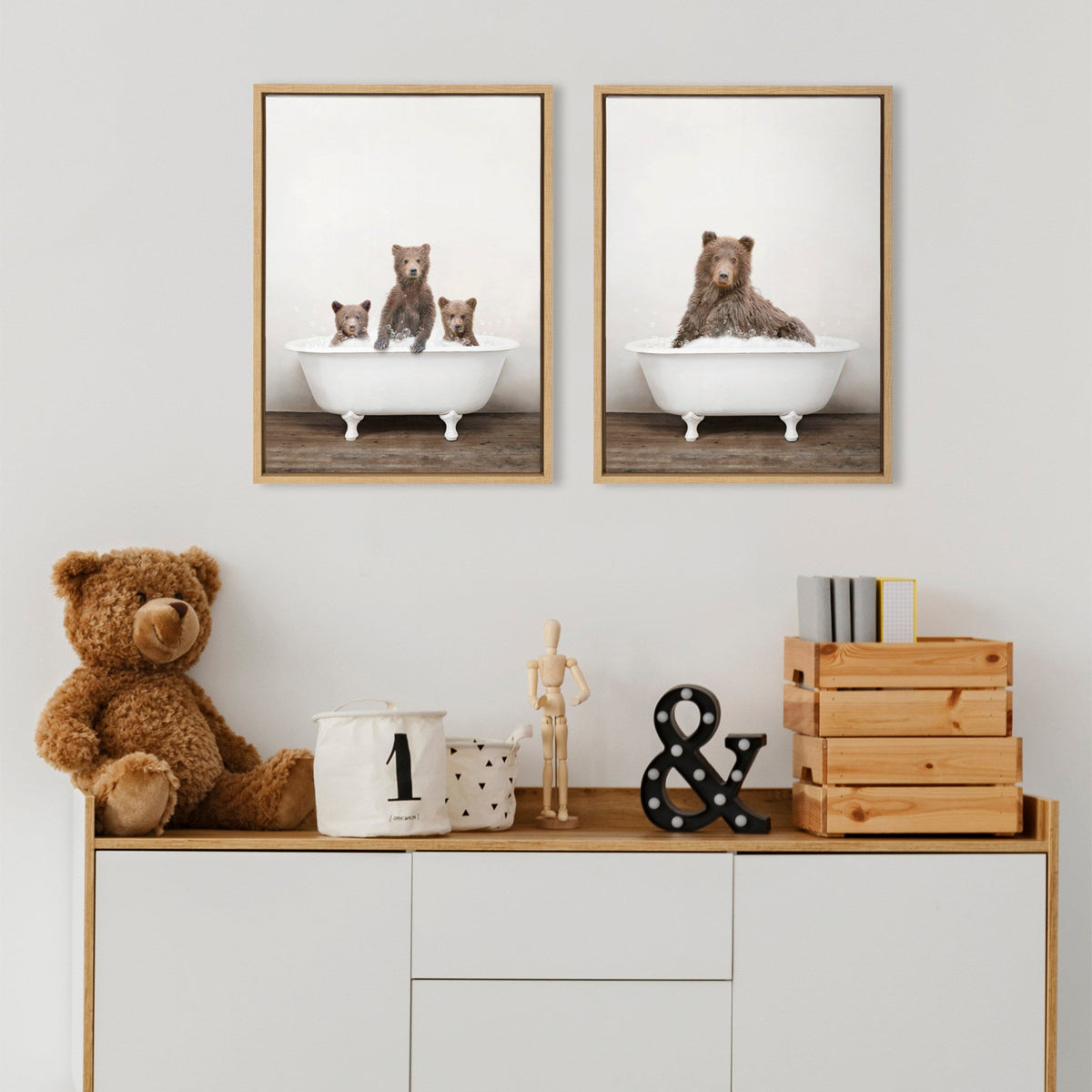 Sylvie Three Bears Rustic Bubble Bath and Bear Rustic Bubble Bath Framed Canvas Set of 2 by Amy Peterson Art Studio