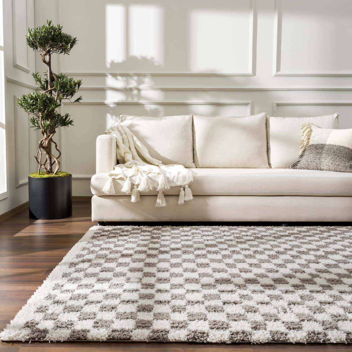 Kieu Taupe Checkered Plush Rug