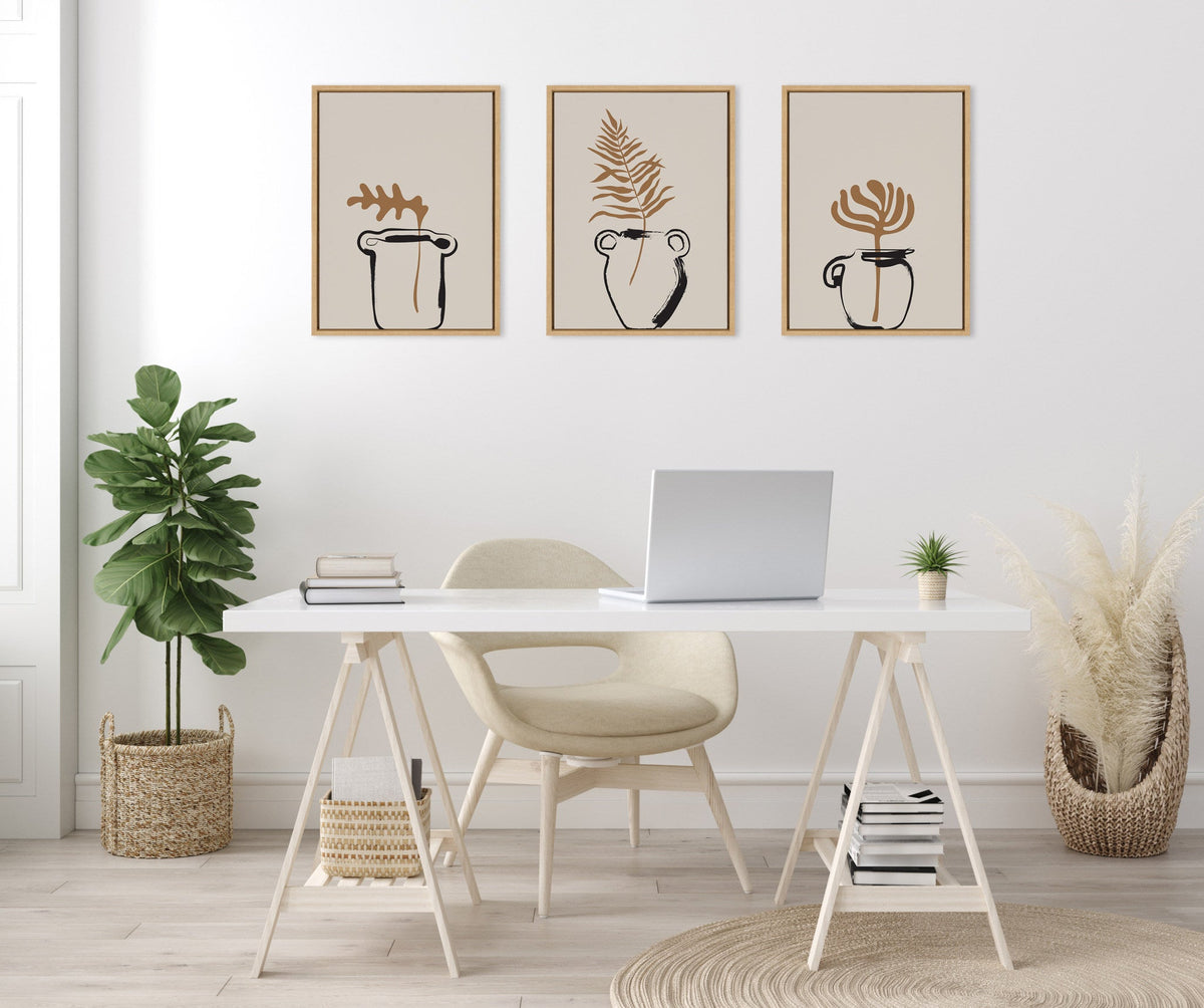 Sylvie Relaxed Retro Illustrated Botanical Vase Framed Canvas Art Set of 3 by The Creative Bunch Studio