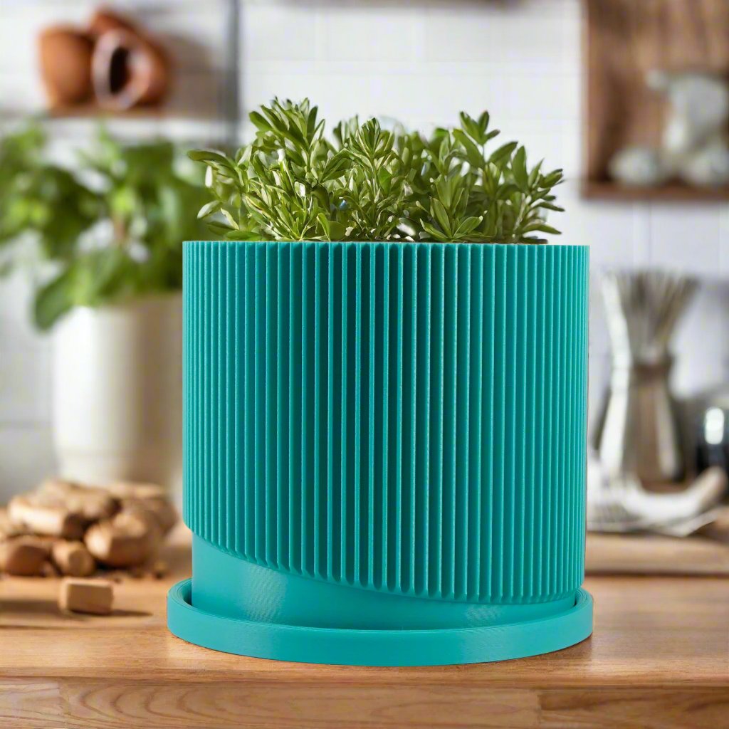 Mid-Century Ribbed Planter with Drainage and Saucer in Multiple Colors, 3D Printed Planter with Unique Modern Design, Lightweight, Wave
