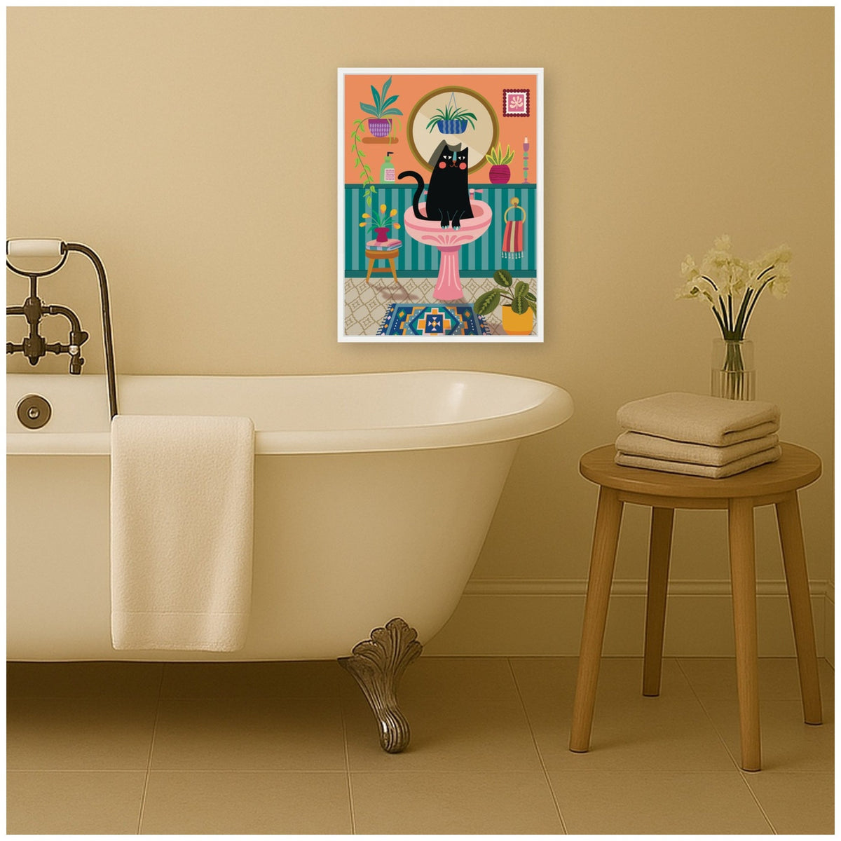 Black Cat Bathroom by Rachel Lee 3 Birdies Studio Framed Canvas Wall Art Print