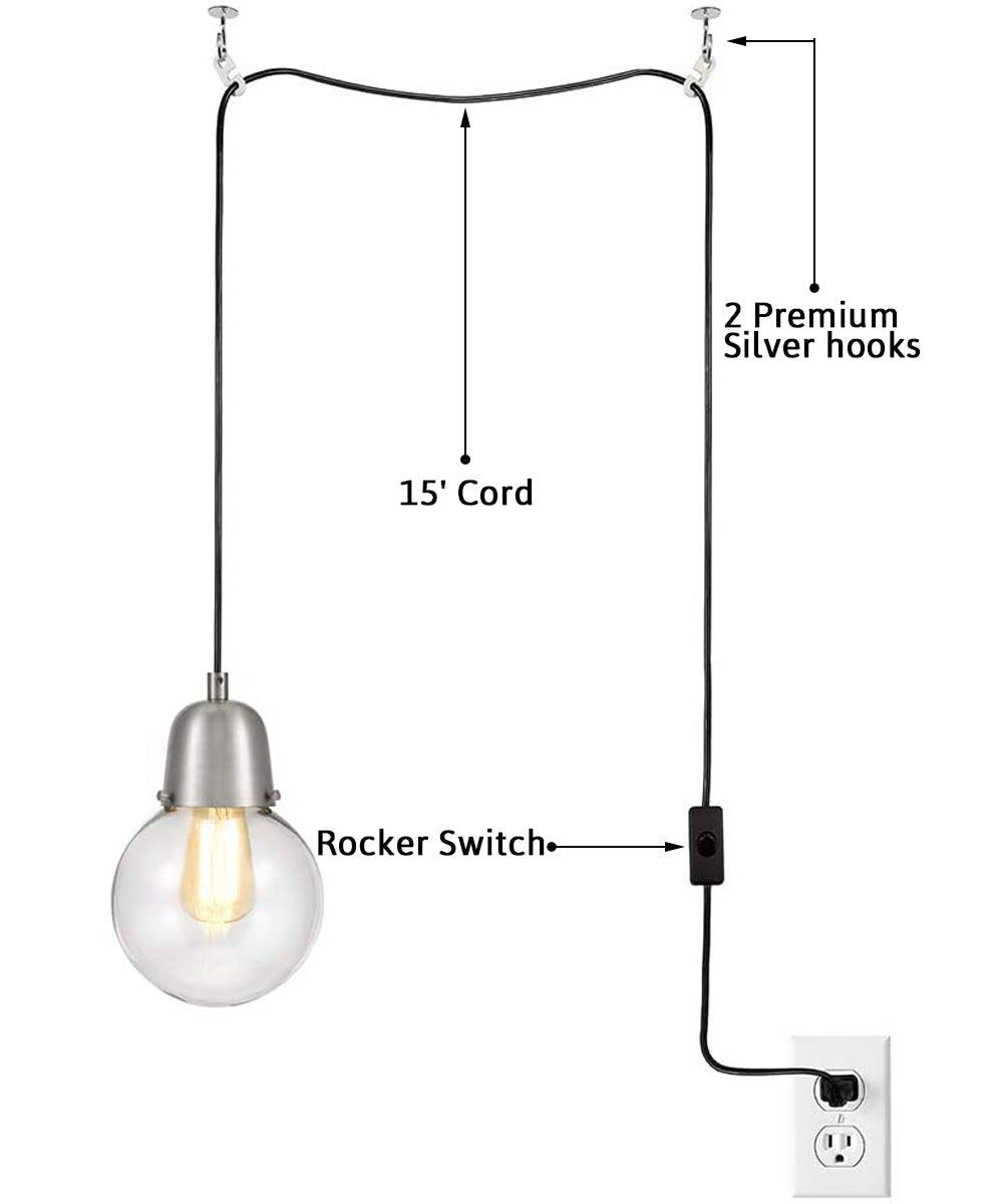 Plug-In LED Globe Pendant Light, Brushed Nickel Finish with Clear Glass Shade, 15' Black Cord