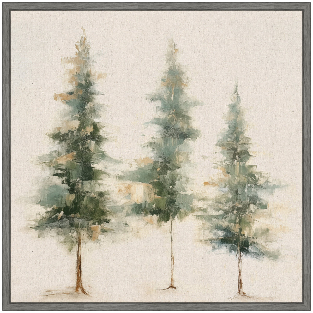 Sylvie Abstract Forest Evergreen Trees on Neutral Linen Framed Canvas by The Creative Bunch Studio