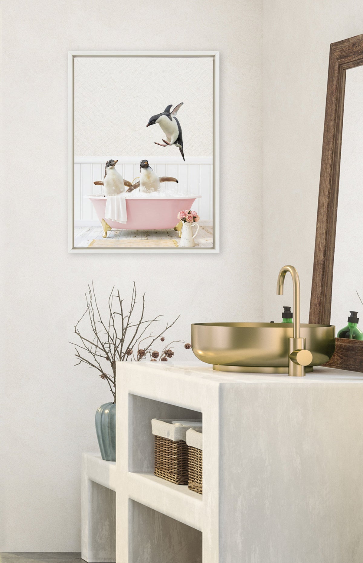 Sylvie Penguins Playing in Cottage Rose Bath Framed Canvas by Amy Peterson Art Studio