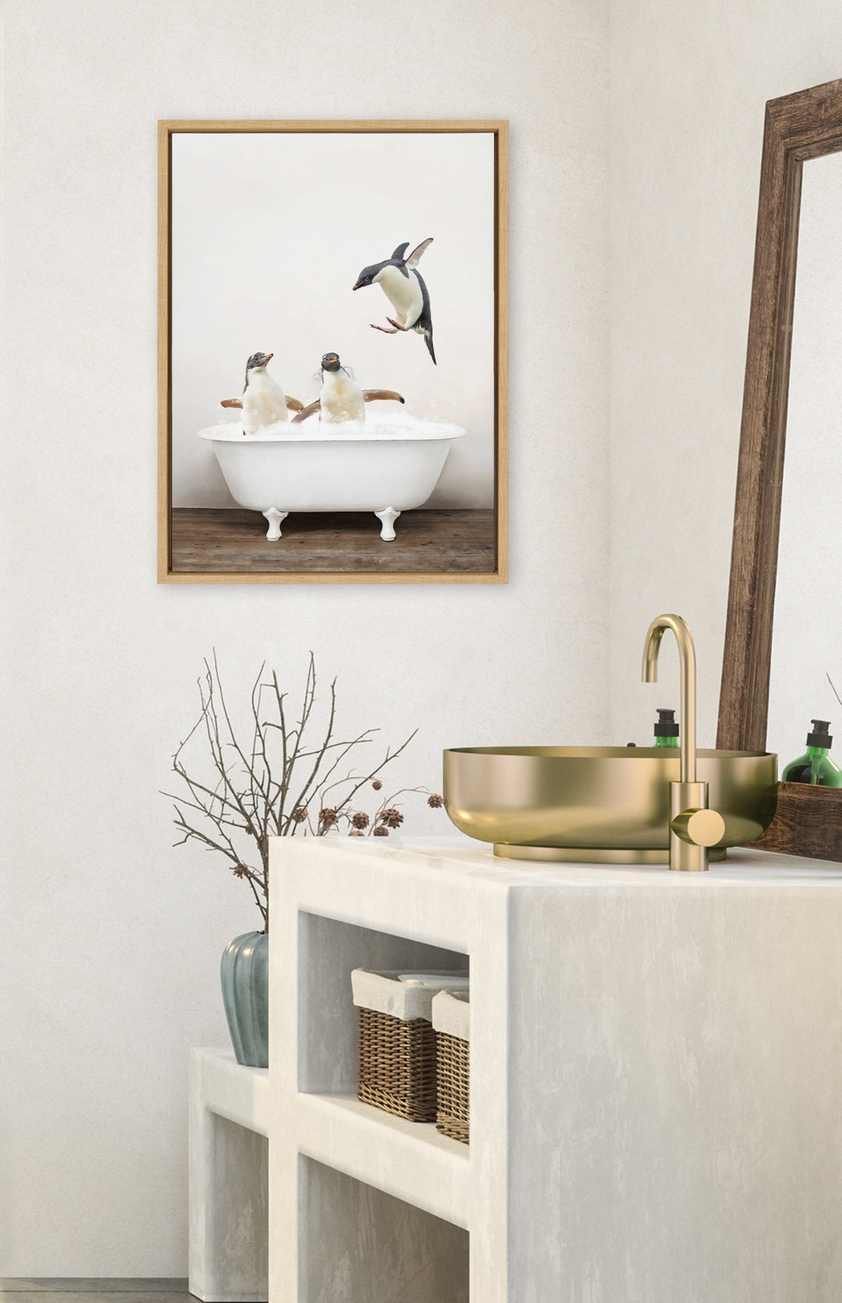 Sylvie Penguins Playing in Rustic Bath Framed Canvas by Amy Peterson Art Studio
