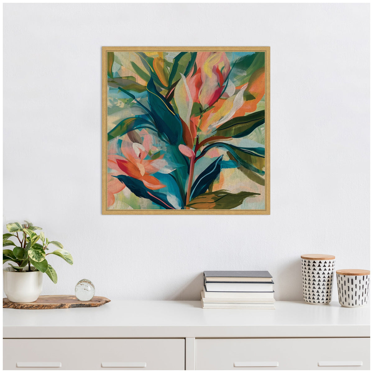 Sylvie Colorful Tropic Botanical Abstract Neutral Linen Framed Canvas by The Creative Bunch Studio
