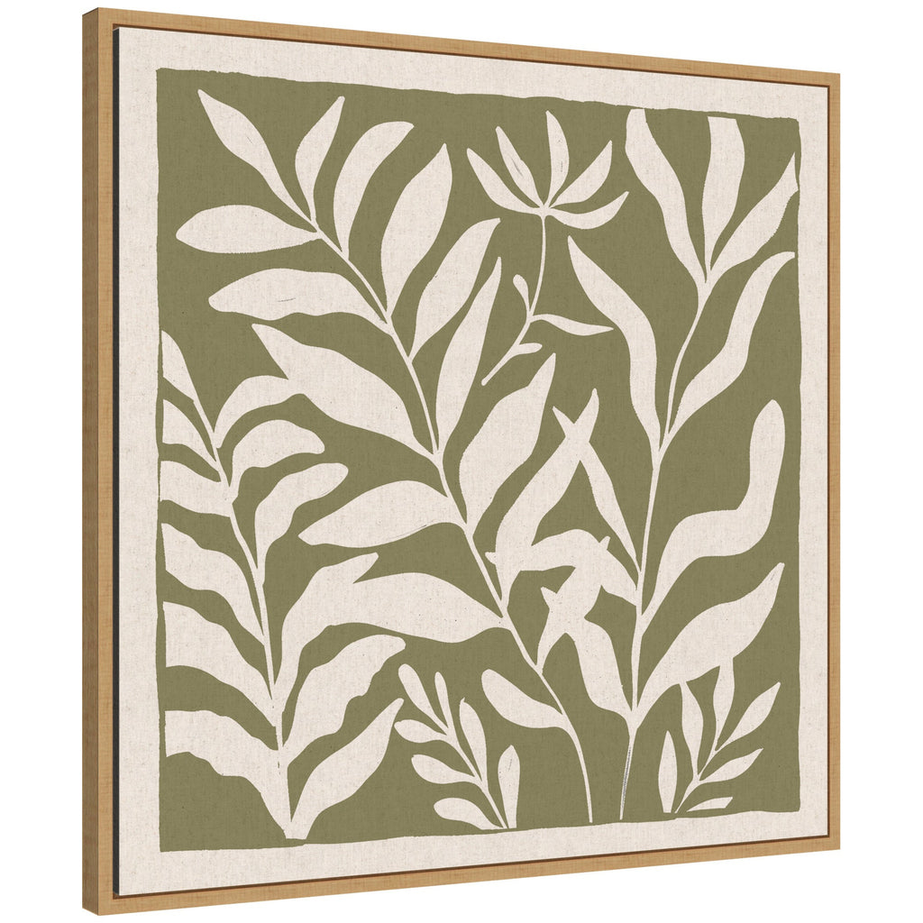 Sylvie Modern Minimalist Botanical Green and Neutral Linen Framed Canvas by The Creative Bunch Studio