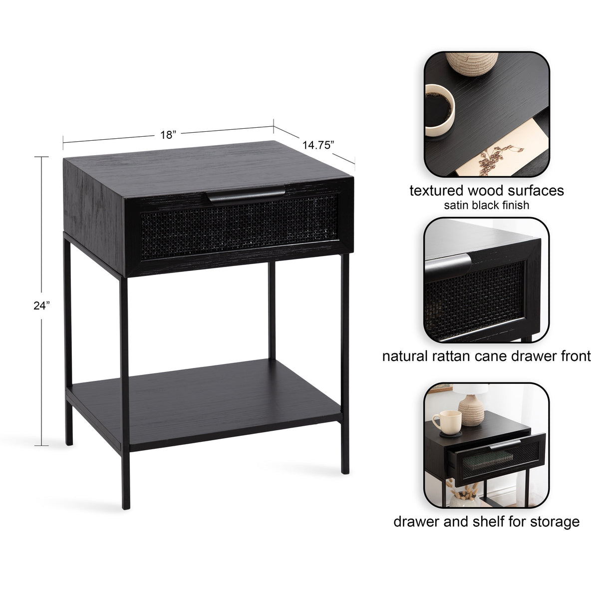 Ori Wood and Cane Side Table with Drawer and Lower Shelf