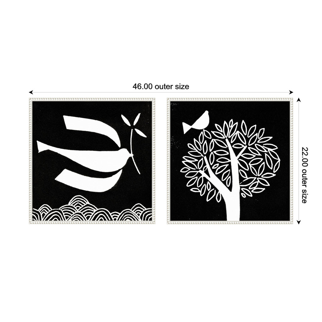 Sylvie Beaded Black and White Linocut Birds Framed Canvas Art Set by Giuliana Lazzerini