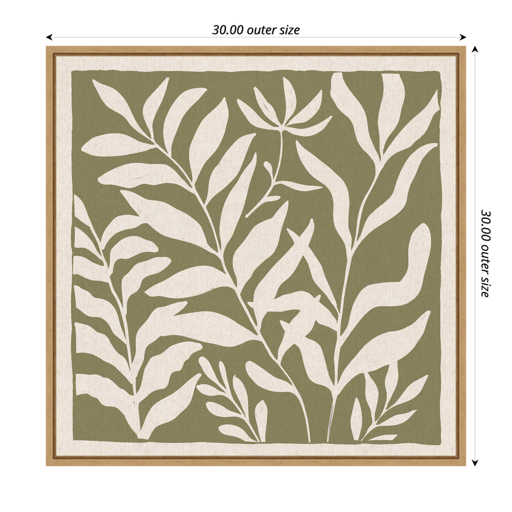Sylvie Modern Minimalist Botanical Green and Neutral Linen Framed Canvas by The Creative Bunch Studio