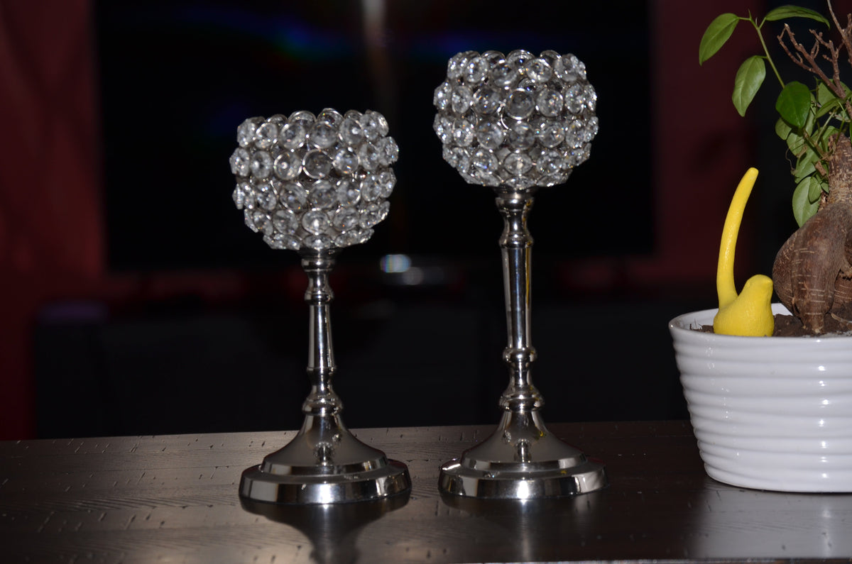 Vibhsa Hurricane Crystal Candle Holders | Set of 2, 8" & 10", Silver Nickel Finish