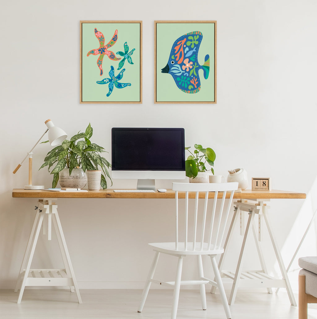 Sylvie Modern Colorful Starfish and Modern Colorful Tropical Fish Framed Canvas Art Set of 2 by Rachel Lee