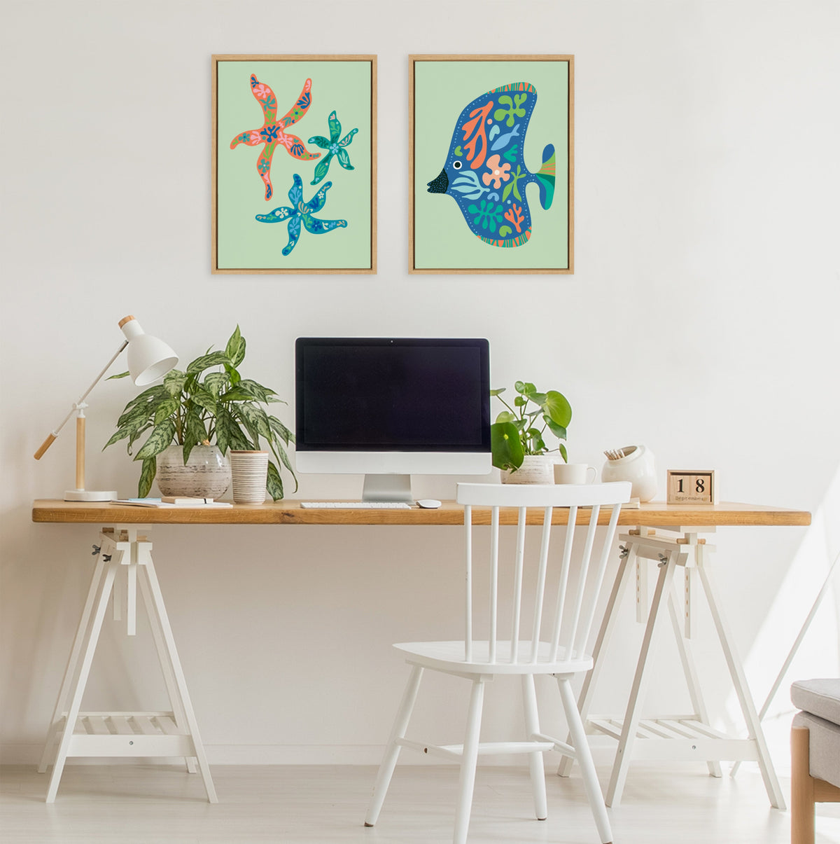 Sylvie Modern Colorful Starfish and Modern Colorful Tropical Fish Framed Canvas Art Set of 2 by Rachel Lee