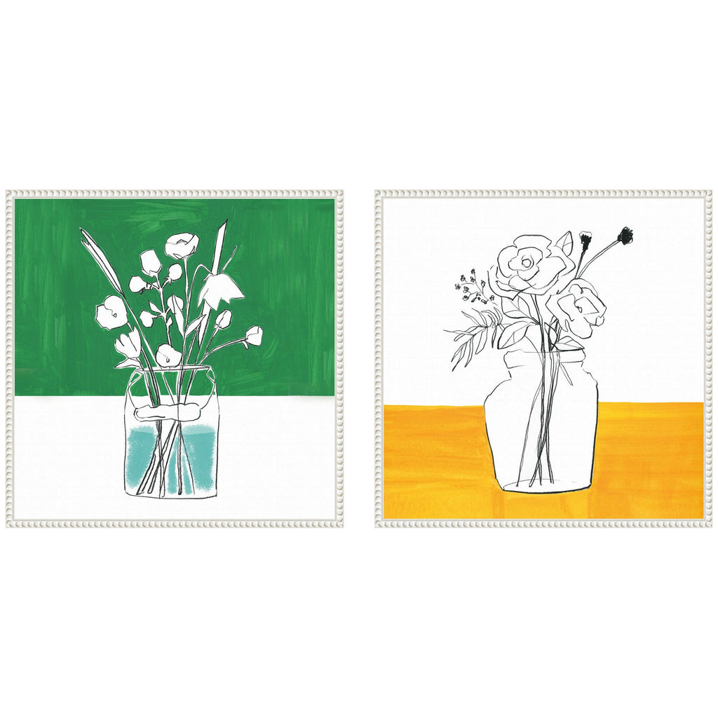 Sylvie Beaded Minimalist Floral Vase Green and Yellow Framed Canvas Art Set by Teju Reval