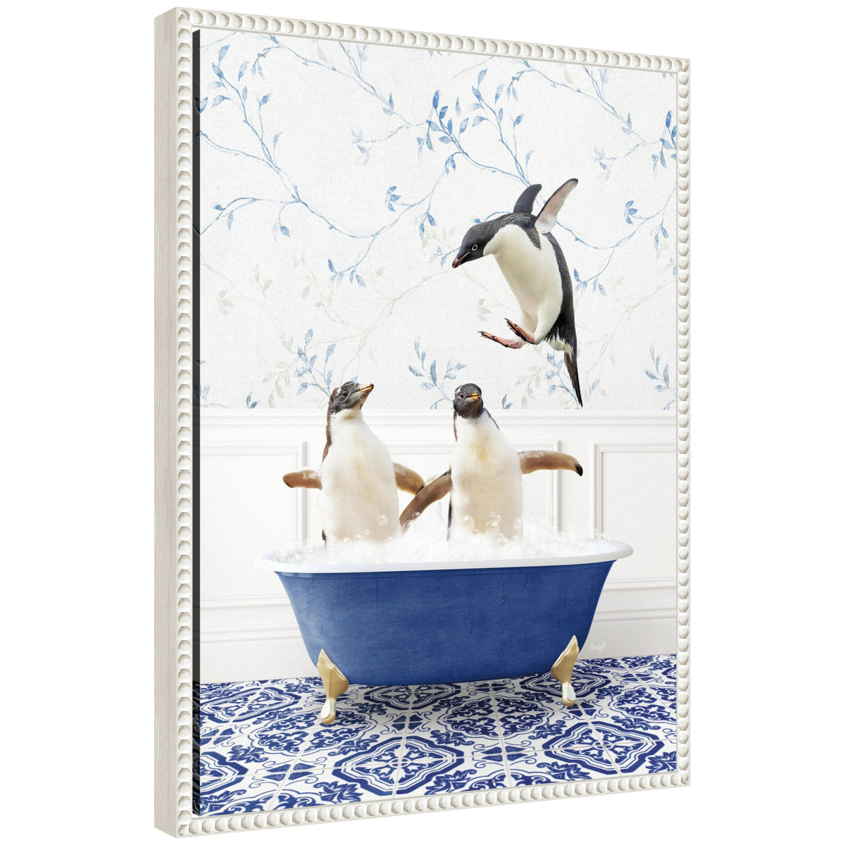 Sylvie Penguins in Eclectic Blue Bath Framed Canvas by Amy Peterson
