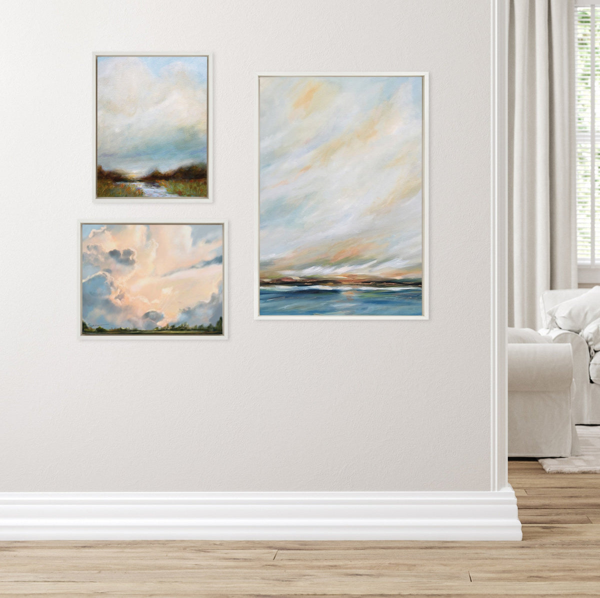 Sylvie Sunday Morning, Tranquility and Clouds Framed Canvas Art Set of 3 by Mary Sparrow