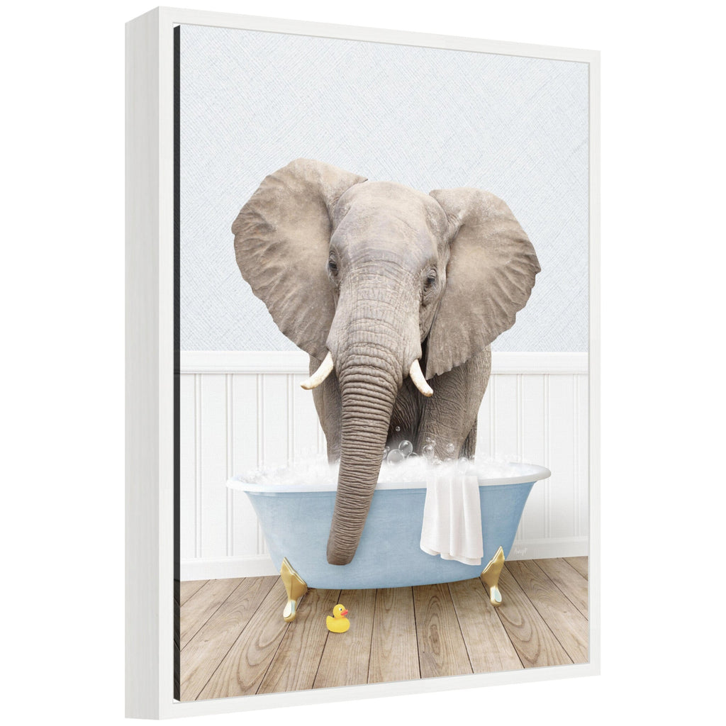 Sylvie Elephant Front in Cottage Blue Bathtub Framed Canvas by Amy Peterson