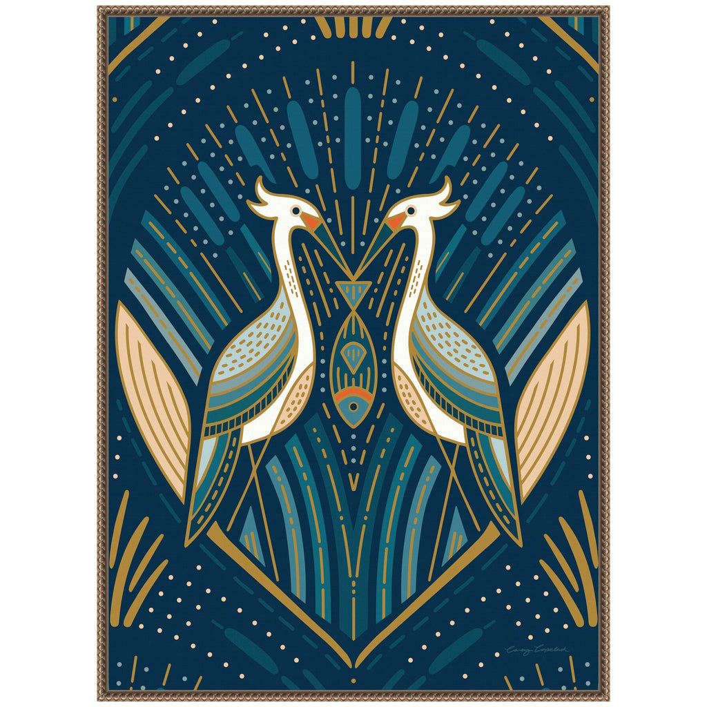 Sylvie Art Deco Herons Blue Framed Canvas by Carey Copeland