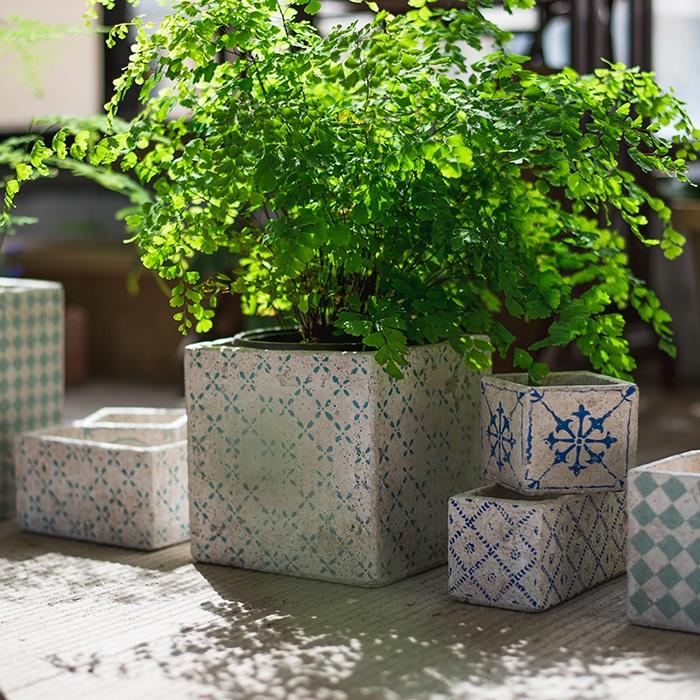 Blue-Pattern Cement Planters, Randomly Selected Set of 3
