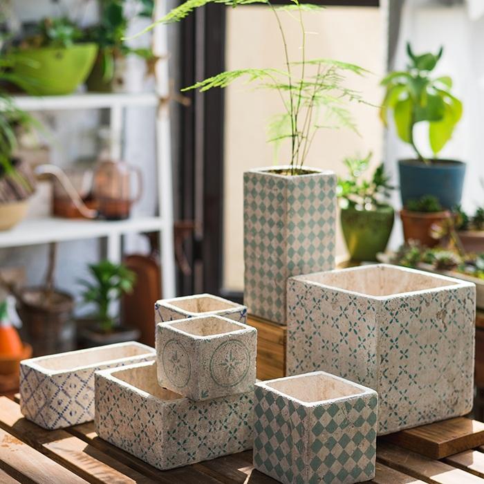 Blue-Pattern Cement Planters, Randomly Selected Set of 3