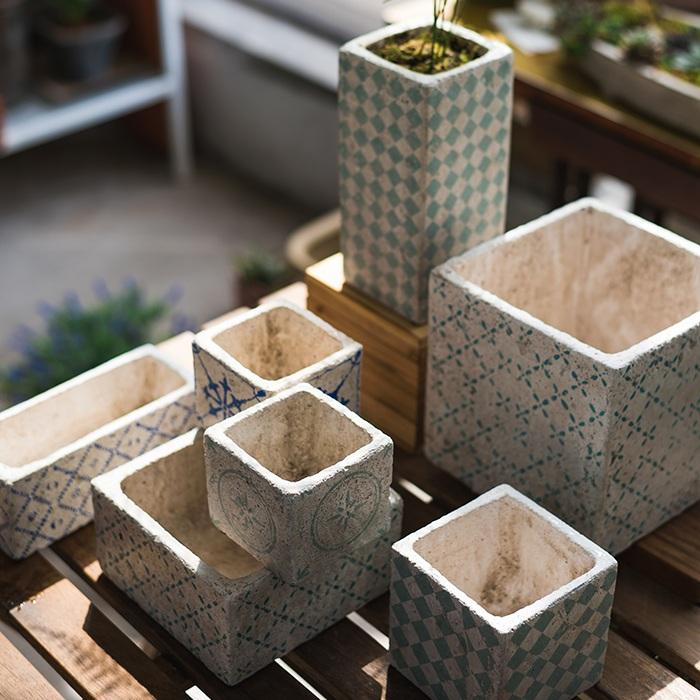 Blue-Pattern Cement Planters, Randomly Selected Set of 3
