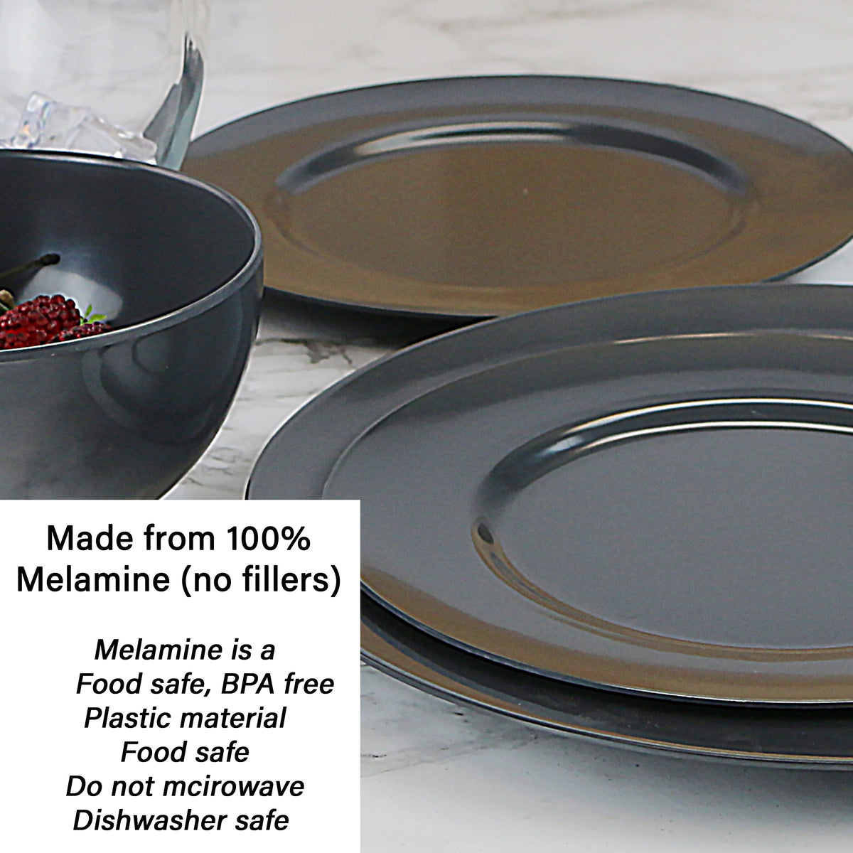 12-Piece Melamine Dinnerware Set for 4, Charcoal