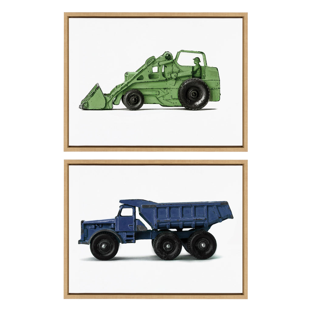 Sylvie Vintage Toy Tractor Green and Vintage Toy Dump Truck Blue Framed Canvas Art Set of 2 by Saint and Sailor Studios