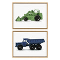 Sylvie Vintage Toy Tractor Green and Vintage Toy Dump Truck Blue Framed Canvas Art Set of 2 by Saint and Sailor Studios